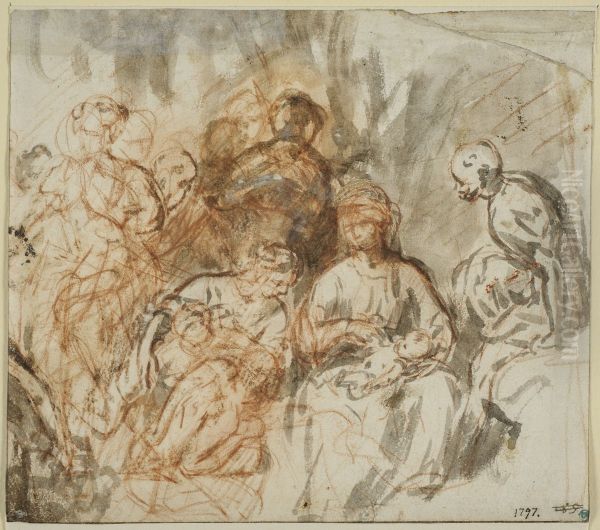 Maria och Elizabeth med Kristusbarnet och Johannes Doparen som barn Oil Painting by Govert Flinck