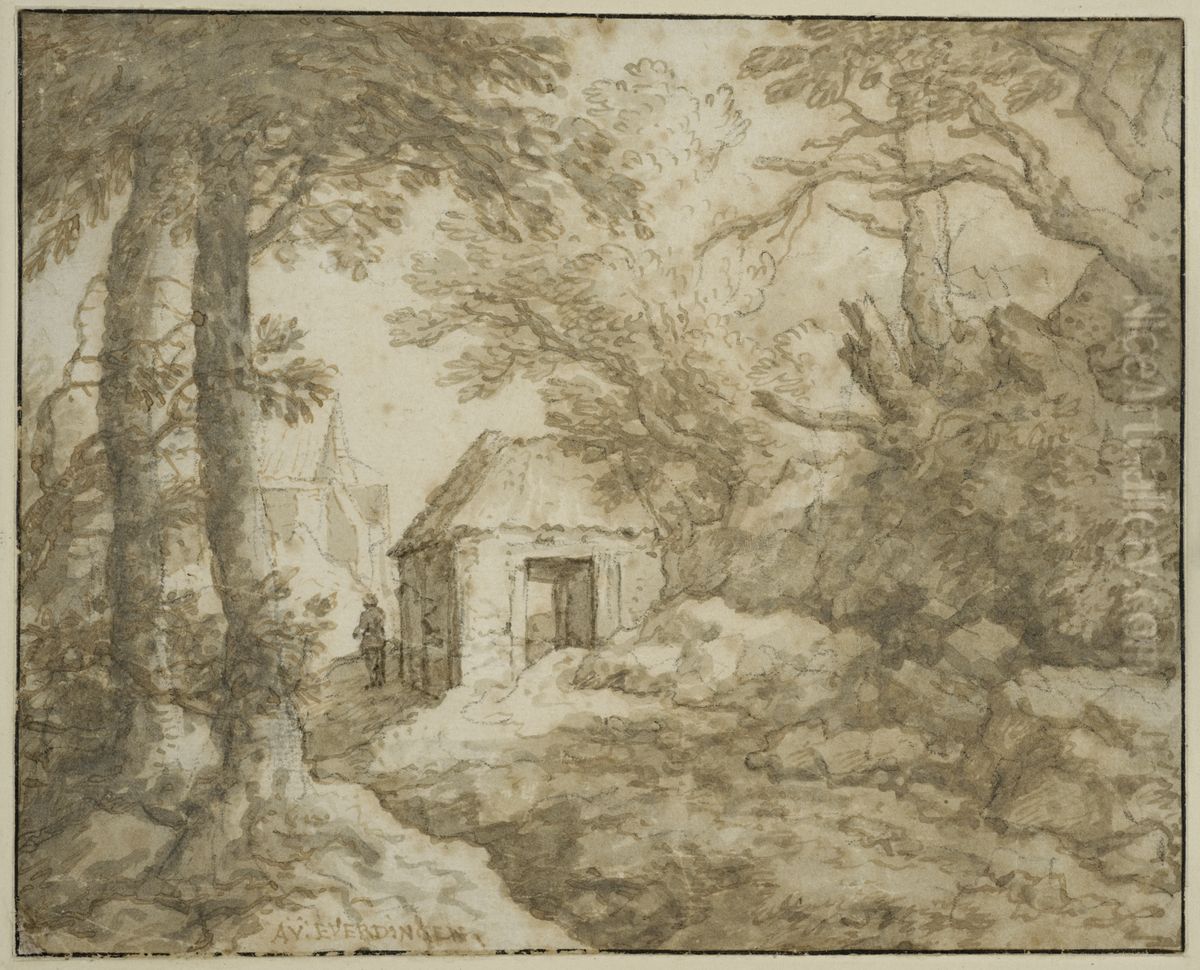 Klippigt landskap med stugor Oil Painting by Allaert van Everdingen