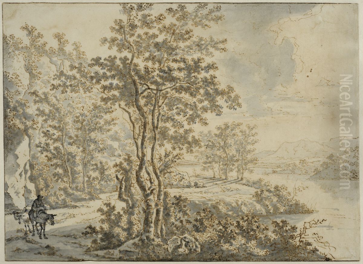 Italienskt landskap med en vag langs flodbanken Oil Painting by Jan Both