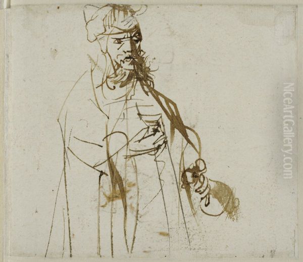 Staende man med flaska och glas Oil Painting by Ferdinand Bol