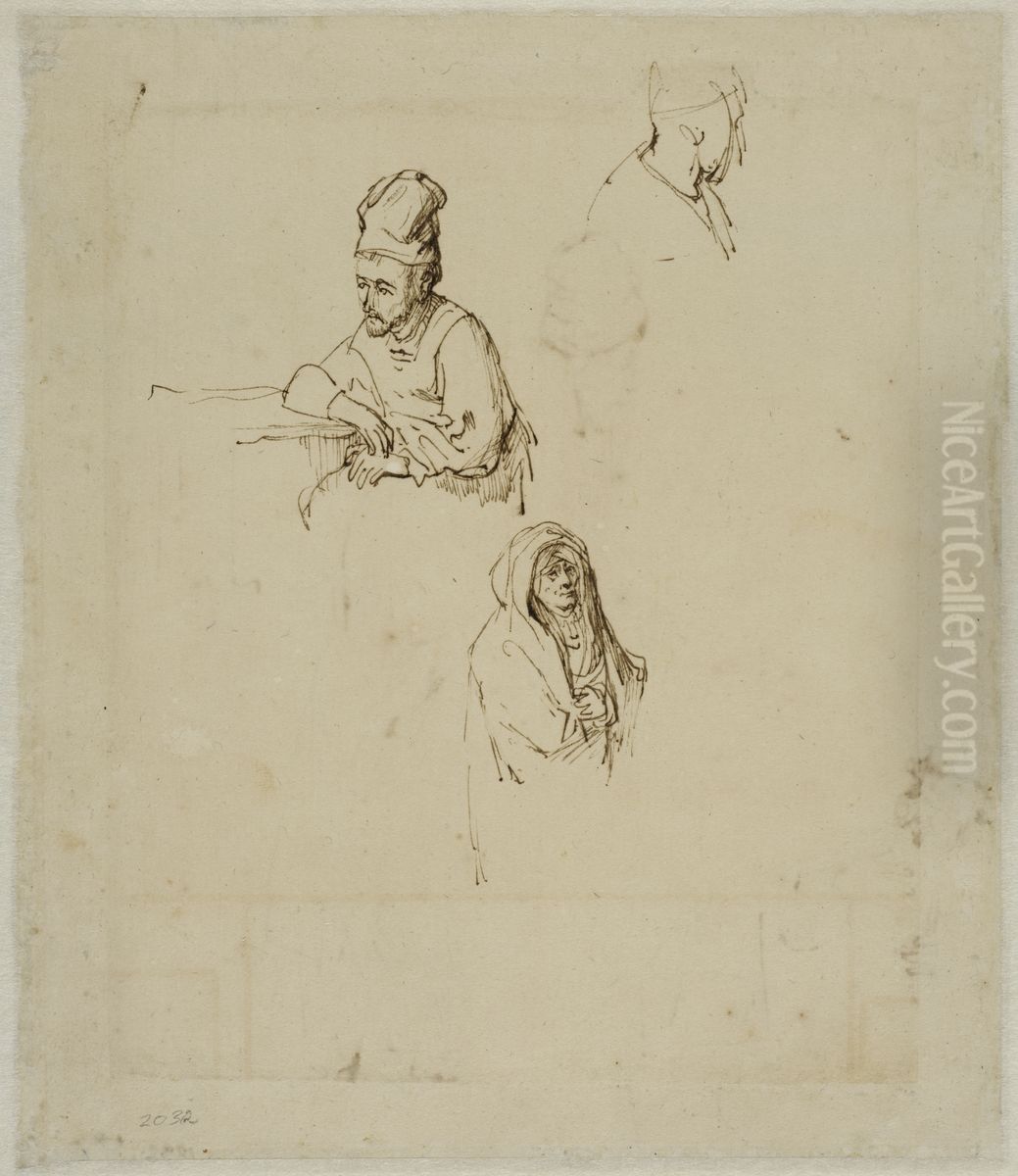 En man vid ett bord, en mans huvud, och en kvinna med huva Oil Painting by Ferdinand Bol