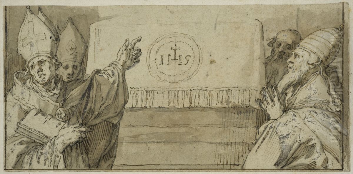 De fyra latinska kyrkofaderna framfor ett altare Oil Painting by Abraham Bloemaert