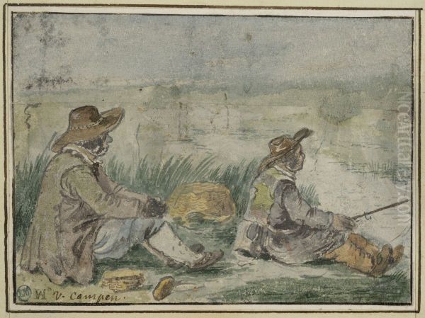 Tva fiskare vid en flod Oil Painting by Hendrick Avercamp