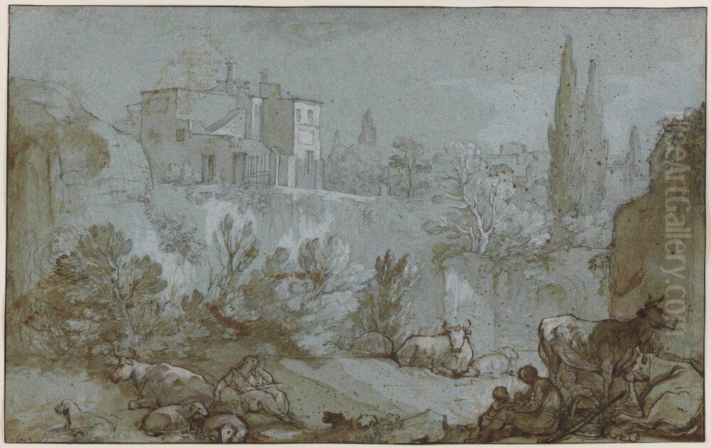 Italian Landscape with Shepherds and Animals Oil Painting by Charles-Joseph Natoire