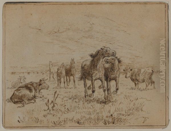 Springande hastar pa Saltholms allmanning, skiss Oil Painting by Theodor Philipsen