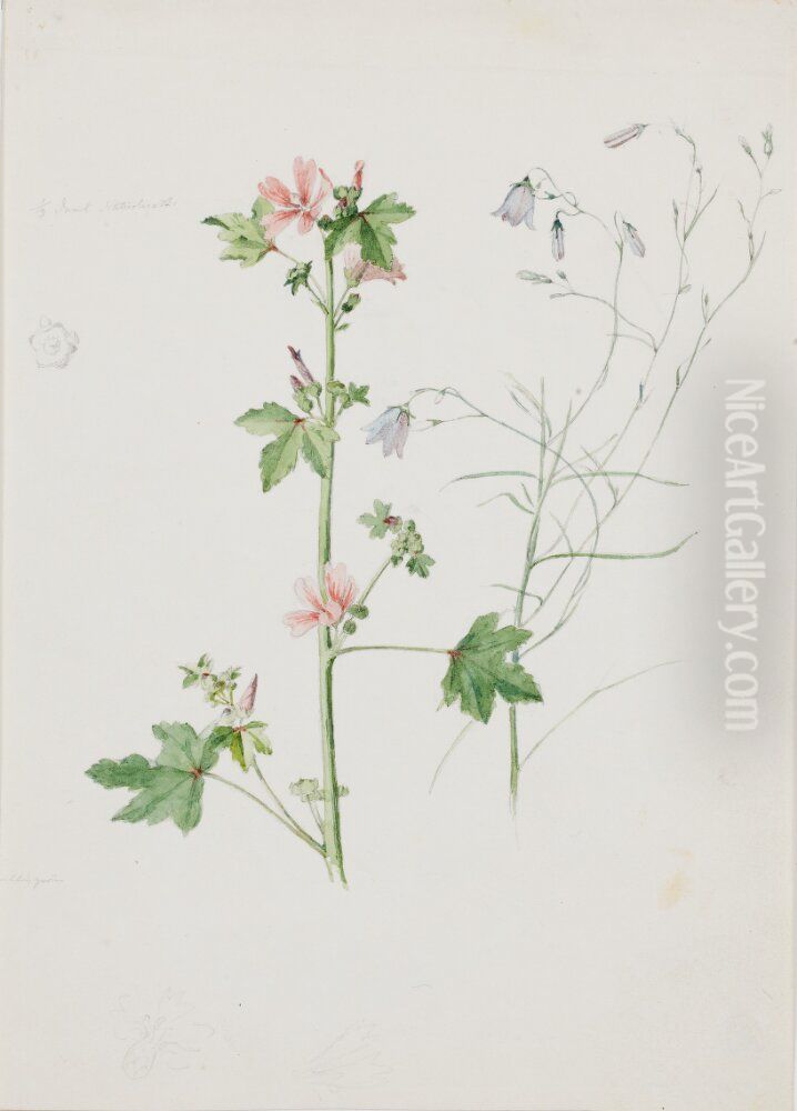 Botanical Study, Mallow and Bluebell Oil Painting by Jorgen Roed