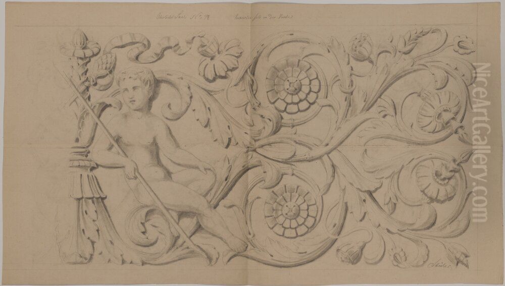 Nationalmuseum. Studie for ornament i valve sal 78, ovre vaningen Oil Painting by Friedrich August Stuler