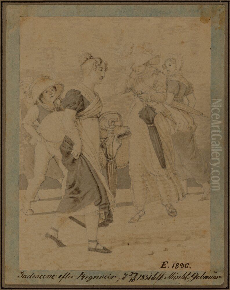 Fruntimmer pa gatan i blast efter regn Oil Painting by Christoffer Wilhelm Eckersberg