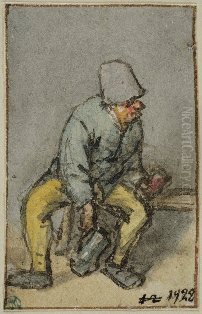 Seated Peasant with a Jug and a Glass in his Hands Oil Painting by Adriaen van Ostade