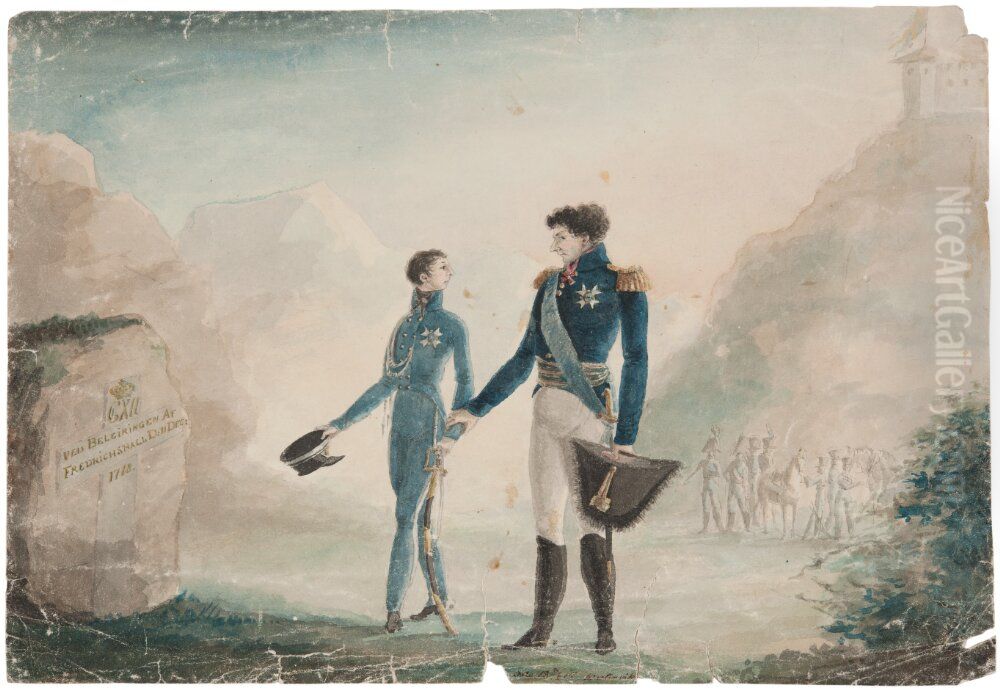 Per Otto Adelborg och kronprins Carl Johan vid Fredrikshall 1814. Oil Painting by Per Otto Adelborg