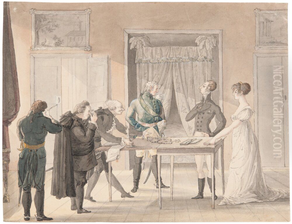 Kronjuvelerna kontrolleras pa Gripsholms slott, 13 juli 1809. Oil Painting by Per Otto Adelborg