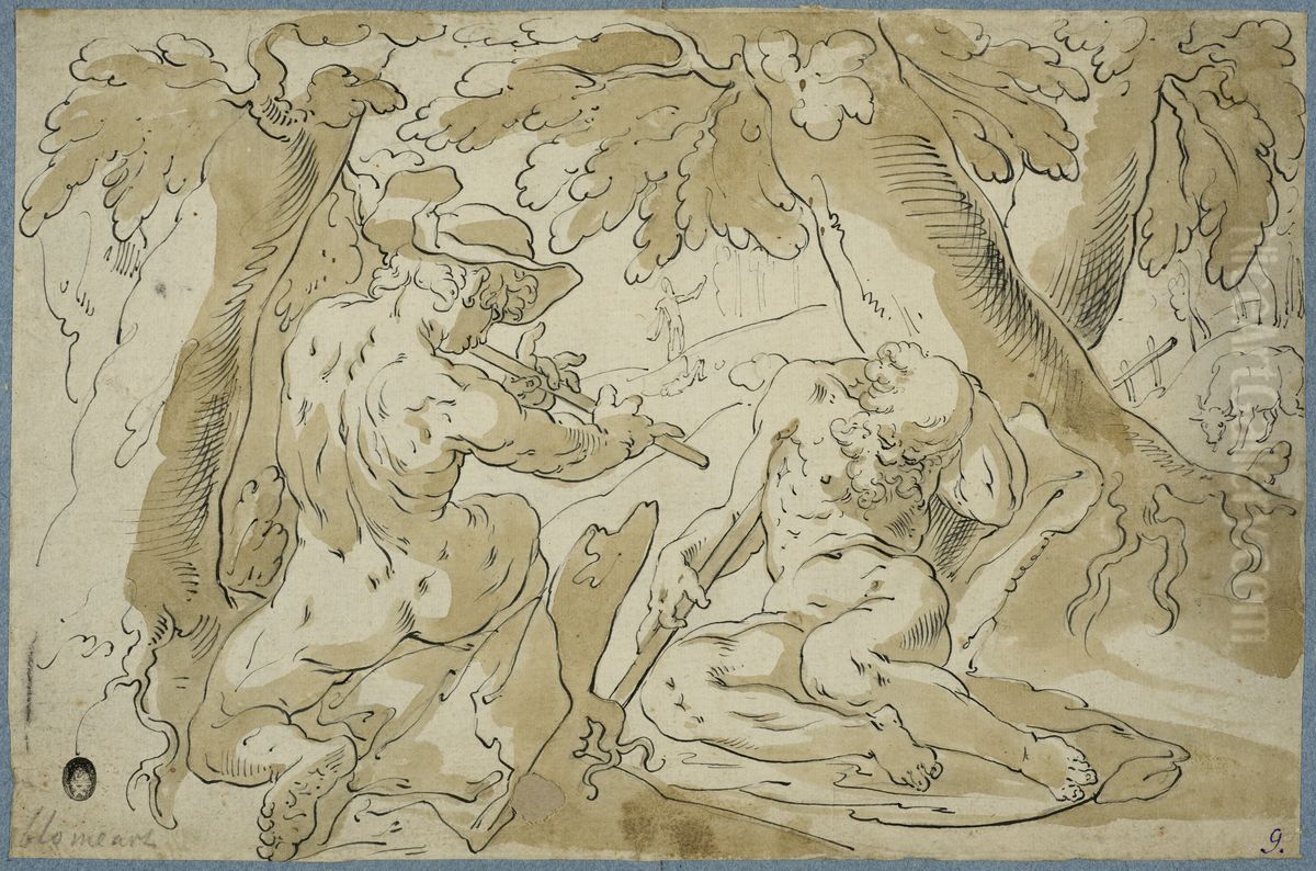 Faun spelar flojt sovande herde (Merkurius o Argus) Oil Painting by Abraham Bloemaert