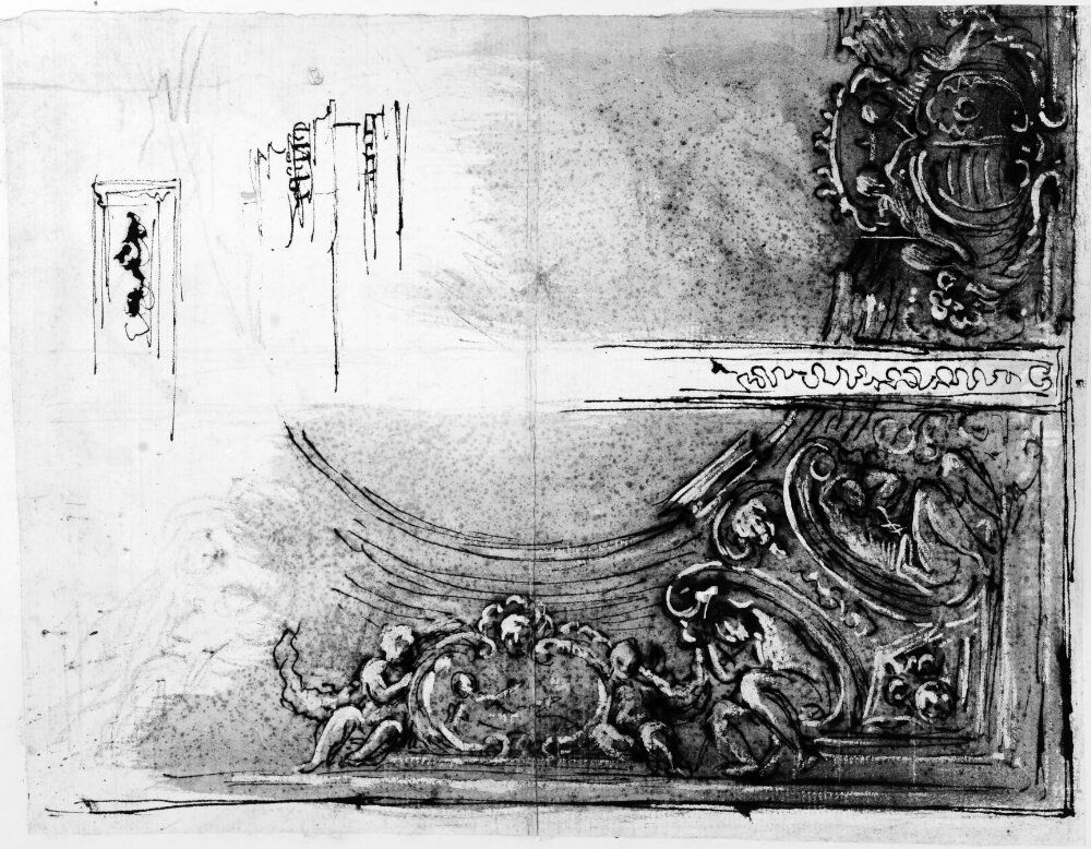 Study for a ceiling decoration, a corner with atalantes and cartouches Oil Painting by Giuseppe Passeri