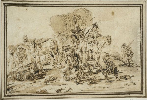 Rovare anfaller en transportvagn Oil Painting by Leonaert Bramer