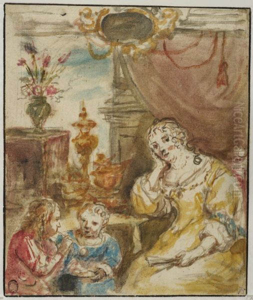 Kvinna och tva barn (Vanitas-framstallning?) Oil Painting by David Teniers the Younger