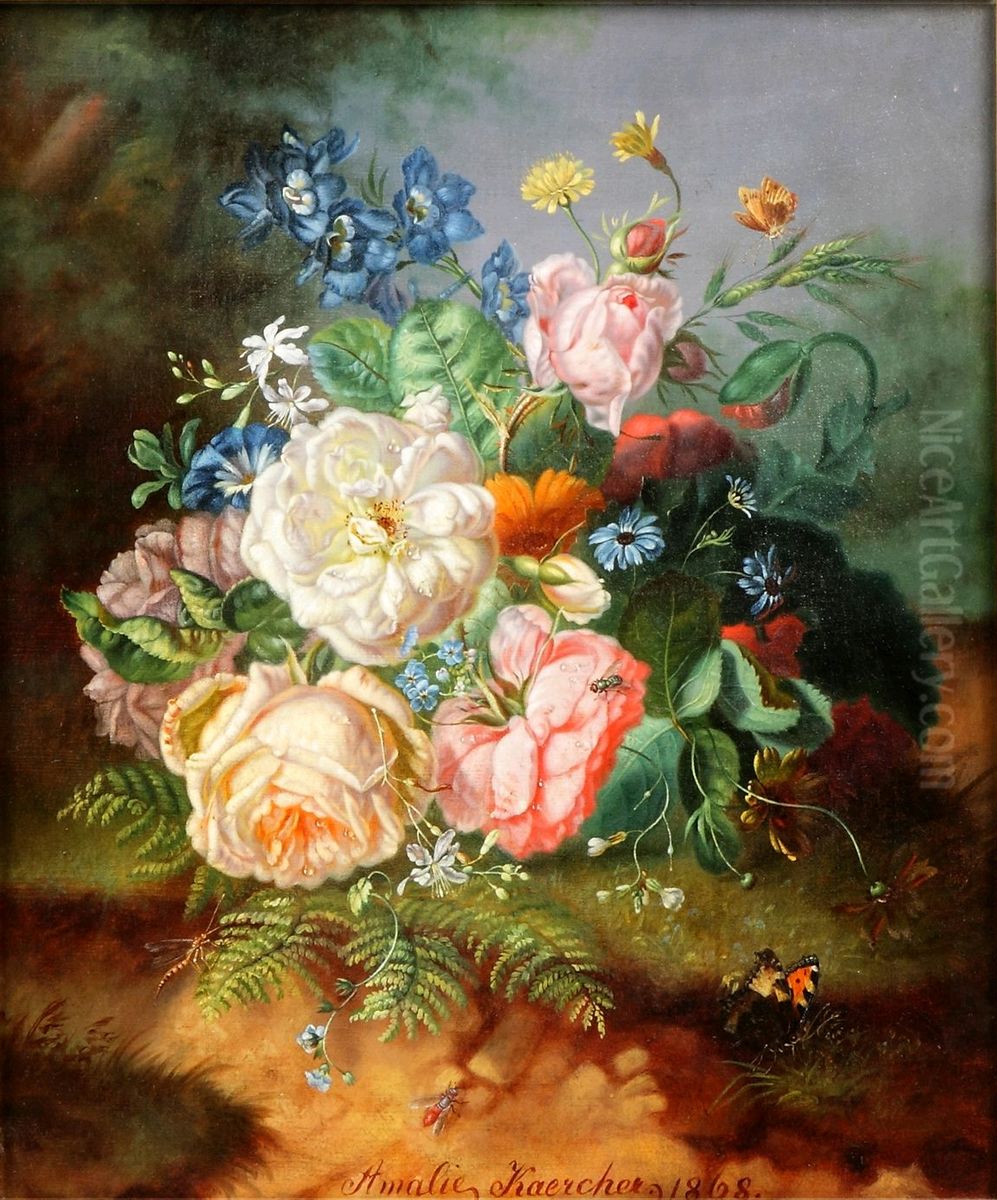 Floral still life with butterflies & insects Oil Painting by Amalie Kaercher