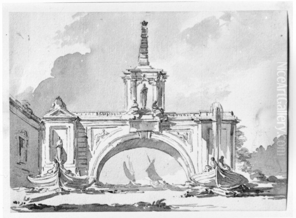 Fontan med skeppsmotiv och valvbage Oil Painting by Jean Eric Rehn