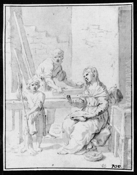 The Holy Family with Mary sewing, Joseph at the carpenter's bench and the Christ Child sweeping shavings Oil Painting by Elisabetta Sirani