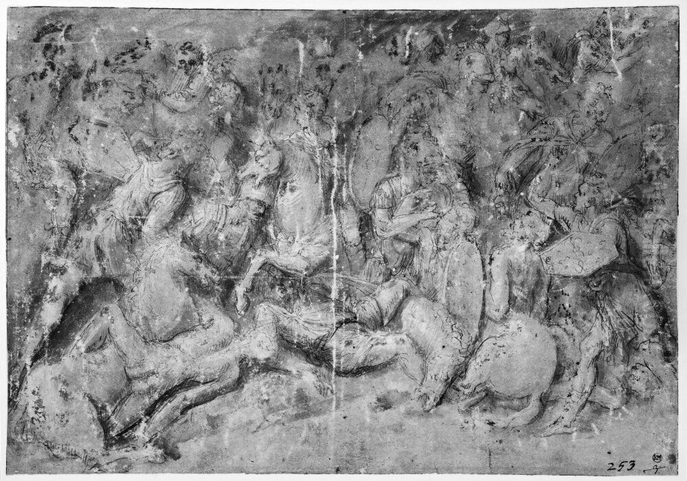 Battle between horsemen and foot soldiers Oil Painting by Biagio Pupini