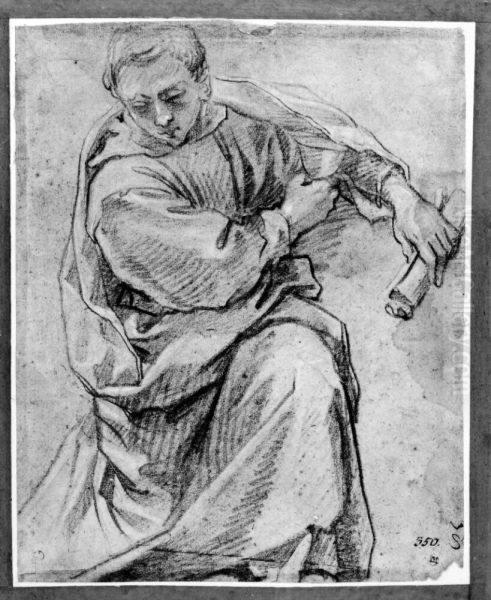 Kneeling youth holding a chalice in the right hand, a roll of paper in the other Oil Painting by Francesco Vanni