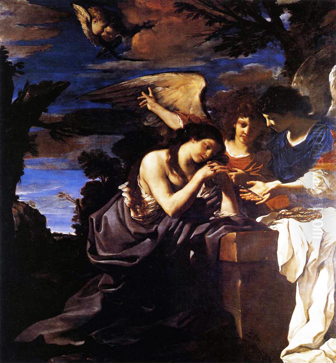 Saint Mary Magdalene and Two Angels Oil Painting by Giovanni Francesco Barbieri