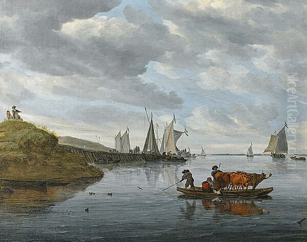 River landscape with boats and a ferry by a jetty Oil Painting by Salomon van Ruysdael