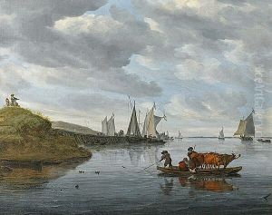 River landscape with boats and a ferry by a jetty