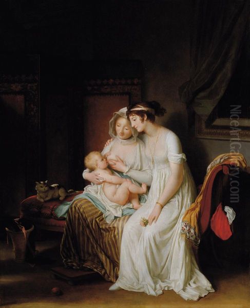 Une femme allaitant son enfant regardee par son amie Oil Painting by Marguerite Gerard