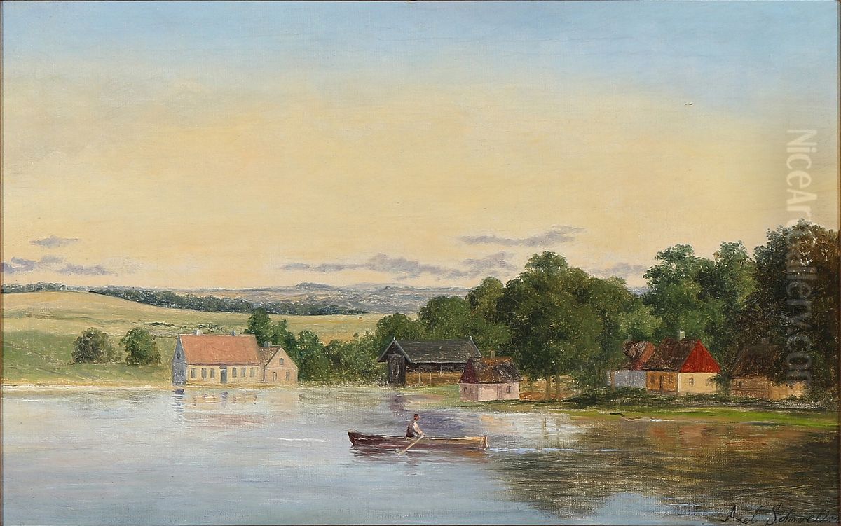 Summer landscape with houses on the lakefront. In the foreground a man rowing a boat Oil Painting by Axel Schovelin Summer landscape with houses on the lakefront. In the foreground a man rowing a boat Oil Painting by Axel Schovelin