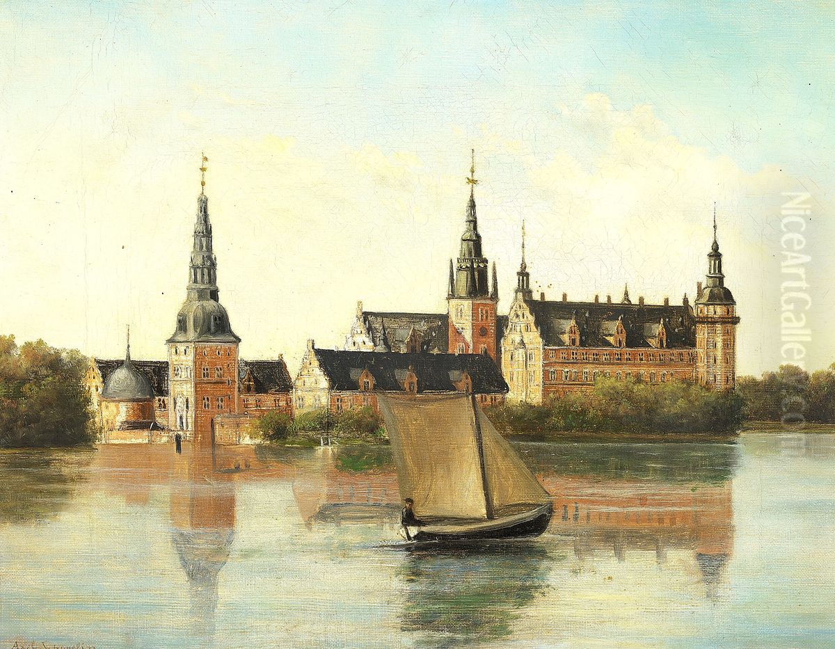 View of Frederiksborg Castle and the lake on a summer day. Oil Painting by Axel Schovelin