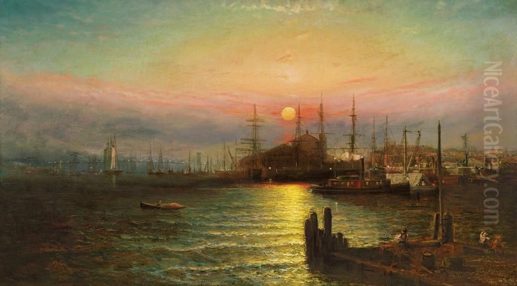 East River Scene, Brooklyn, NY Oil Painting by Elisha (Taylor) Baker