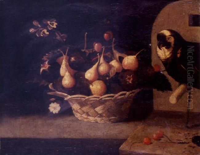 Still life of cherries, plums and figs in basket resting on a ledge, a parrot looking on Oil Painting by Baltazar Gomes Figueira