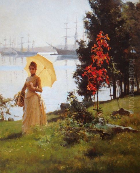 Young Woman Holding a Parasol Oil Painting by Albert Edelfelt