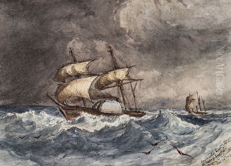 HMS Inflexible towing HMS Starling / off Cape of Good Hope. /Reefing in a squall Oil Painting by John Corbett