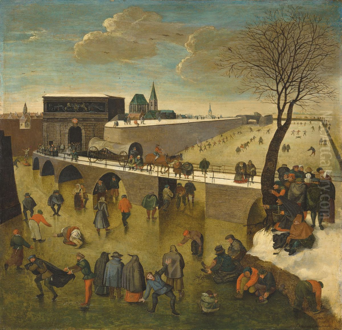 Winter landscape with ice skaters before the Gate of Saint George, Antwerp Oil Painting by Abel Grimmer