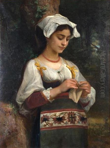 Young girl knitting in a wooded landscape Oil Painting by Diogene Ulyssee Napoleon Maillart