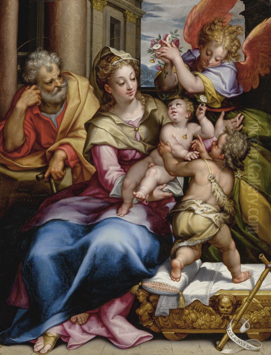 The Holy Family with the infant John the Baptist and an angel Oil Painting by Denys Calvaert