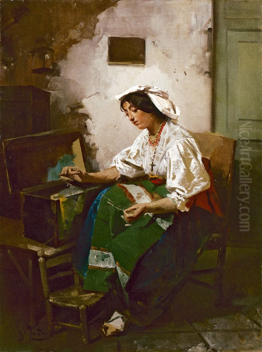 Ragazza che cuce Oil Painting by Domenico Induno