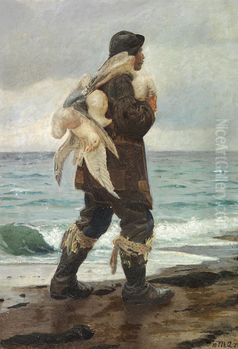A young fisherman walking home with the seagulls he has caught. Oil Painting by Michael Peter Ancher