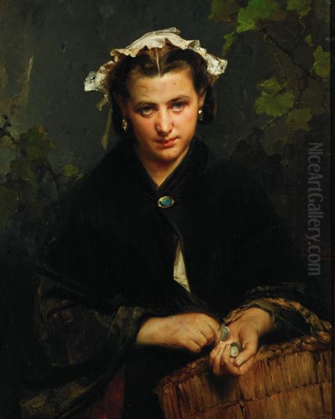 A girl doing the shopping bill Oil Painting by Domenico Induno