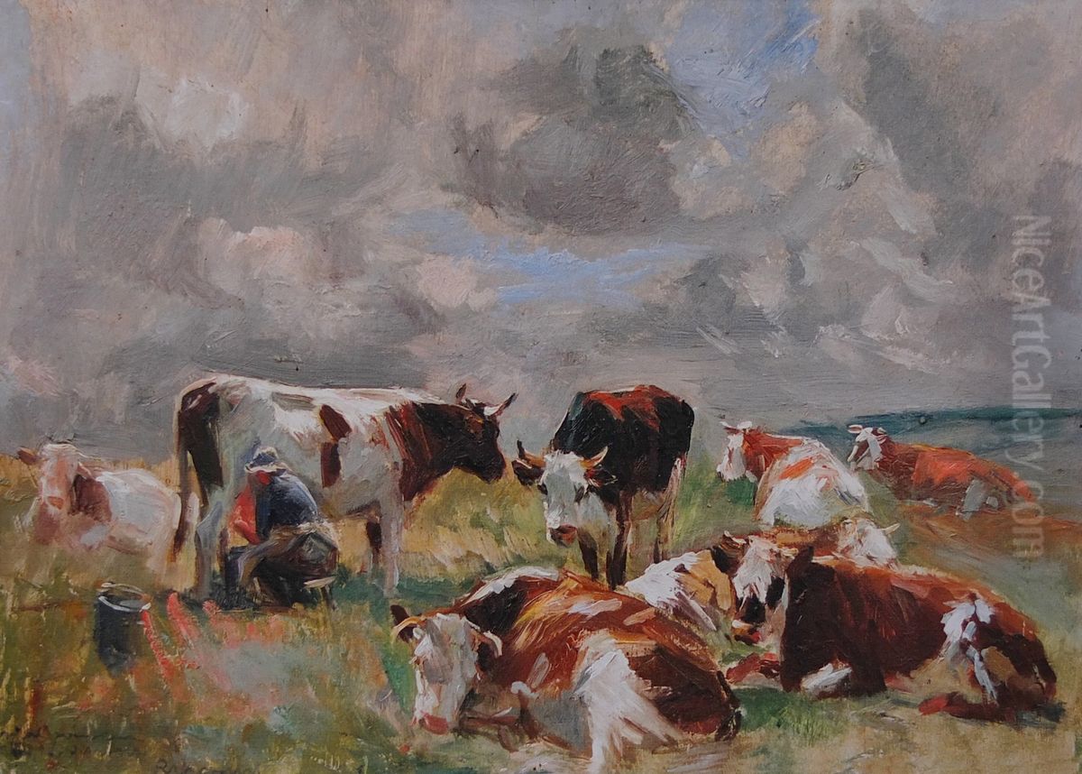 Etude de vaches au pre Oil Painting by Raimond Lecourt
