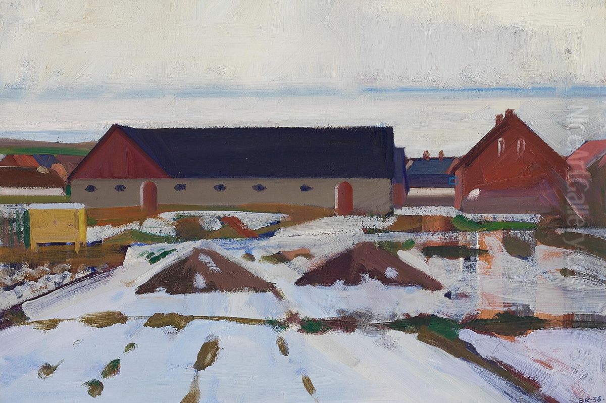 A winter day in Gjern. Oil Painting by Erik Raadal