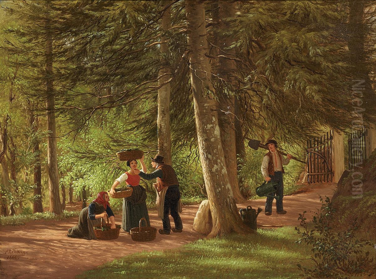 A road through the woods with persons in conversation. Oil Painting by Johan Peter Raadsig