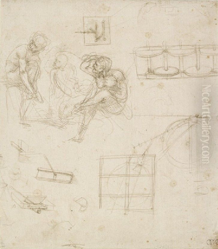 Three Seated Figures and Studies of Machines Oil Painting by Leonardo Da Vinci