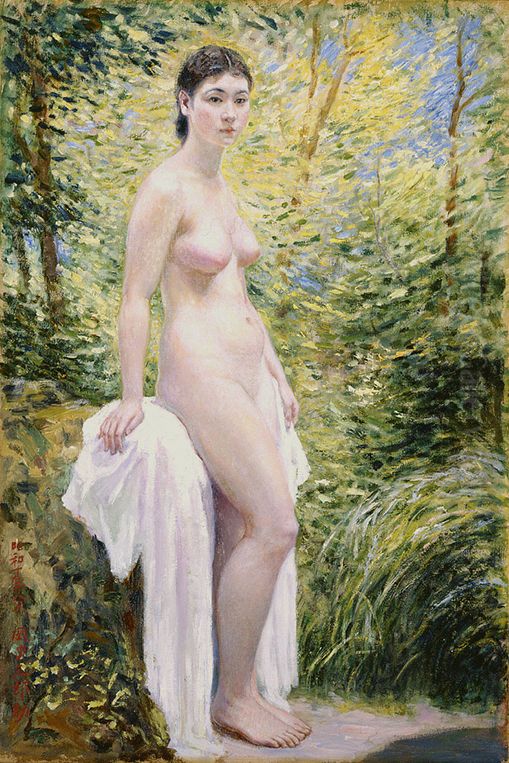 Nude by the Waterside Oil Painting by Okada Saburosuke
