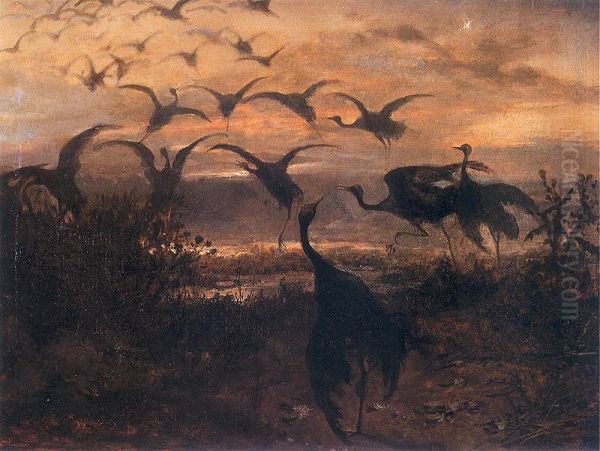Taking-off Cranes Oil Painting by Jozef Chelmonski