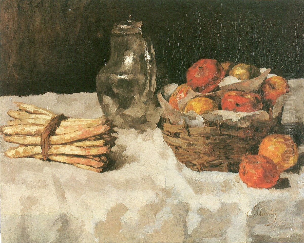 with baskets, pewter and bunch of asparagus Oil Painting by Carl Schuch