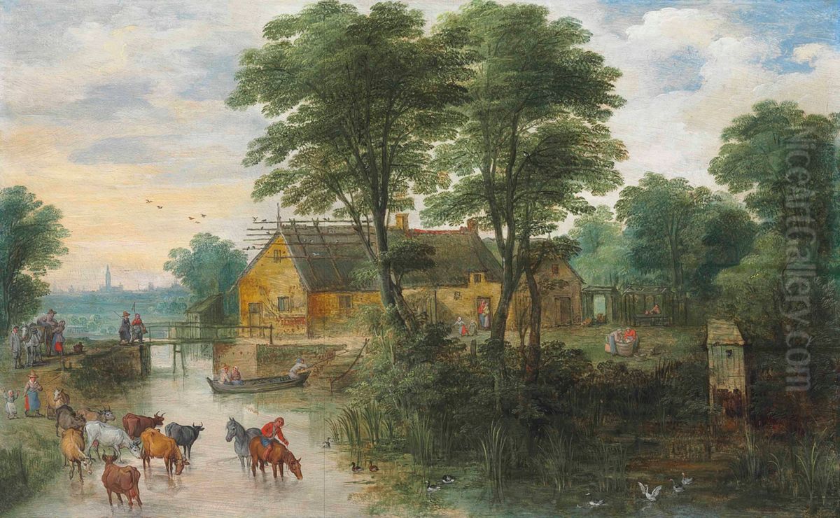 River landscape with cottages and cattle, Antwerp in the distance Oil Painting by Joos de Momper the Younger
