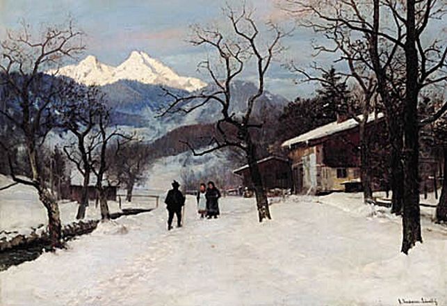 A winter landscape with people and snow-clad mountains. Oil Painting by Anders Andersen-Lundby