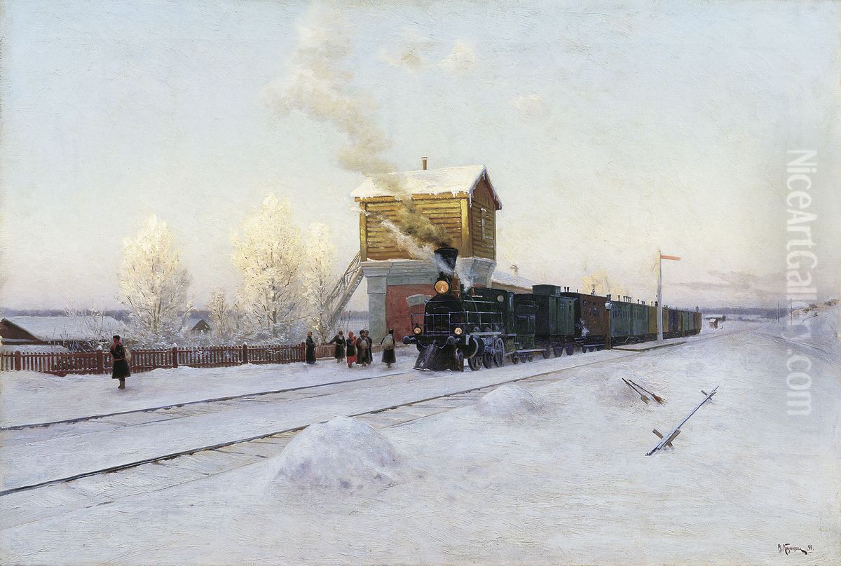 At the little station. Oil Painting by Vladimir Kazantsev